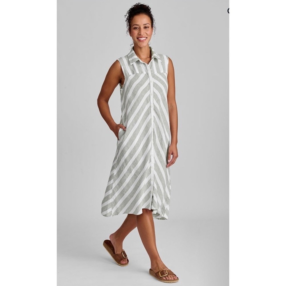 FLAX Linen Skyline Linen Dress Lagenlook Minimalist Midi Sleeveless Pocket M